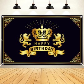 71 x 43 Inches Crown Happy Birthday Backdrop, Black & Gold Birthday Party Decorations, Golden Lion King Party Supplies Birthday Banner, Photo Backdrop Photography Background for Men