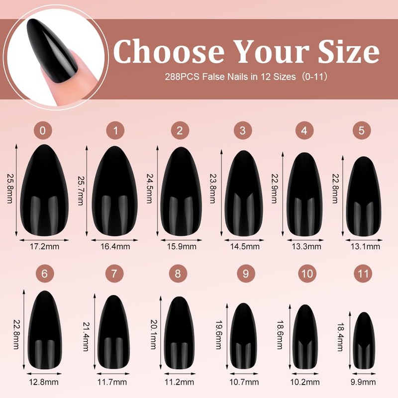 BUTBU Nail Tips, 288PCS Medium Almond False Nails, Press on