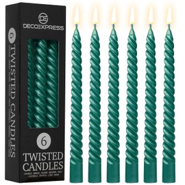 DECO EXPRESS Dinner Candles Pack of 3 or 6 Twisted Non Drip Coloured Spiral Candles Long Lasting 6 Hours Burn Non Scented (Metallic Pine, Pack of 6)