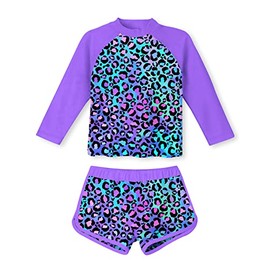 Girls Swimsuit Two Piece Tankini UPF 50+ UV Protective Rash Guard Set Purple Leopard Printed Swimsuit Set Long Sleeve Bikini Bathing Suit Beach Swimwear for 4 5 Years Old Girls