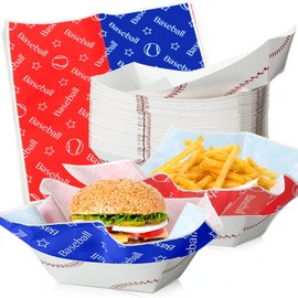 Marsui Set of 100 Basketball Golf Softball Soccer Baseball Party Supplies, Paper Food Trays Food Boats with Wax Paper Sheets for Sport Birthday Party Favors Supplies (Baseball)