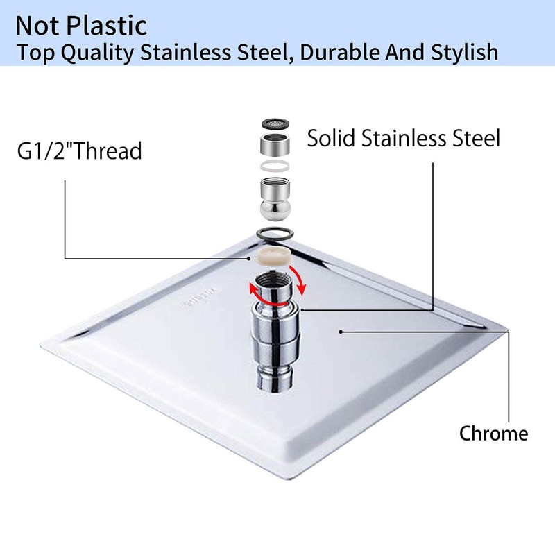 GGStudy Square 8 Inch Square Stainless Steel Shower Head -