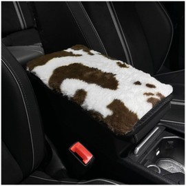 SuperKaKa Brown and White Fluffy Cow Print Armrest Cover for Car,Furry Cute Center Console Pad Cars Interior Accessories for Women Men,Protector for Most Auto Vehicle, SUV, Truck Arm Rest Box