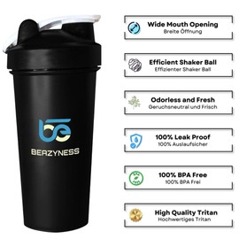 Beazyness 'beazyShaker' Fitness Shaker - 590 ml - BPA Free - Leak Proof - Premium Protein Shaker with Ball - Best for Gym, Yoga, Running and Other Sports (Black)
