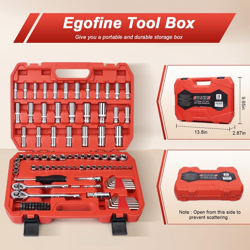117 Pieces 1/4 and 3/8 inch Drive Socket Ratchet Wrench