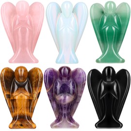 Hicarer 6 Pcs Small Crystal Angel Figurines Mini Guardian Statue Natural Gemstone Carved Pocket Crystal Figurines Stones Decor Gift 1.5 Inch Love Peace Healing(Bright Color)