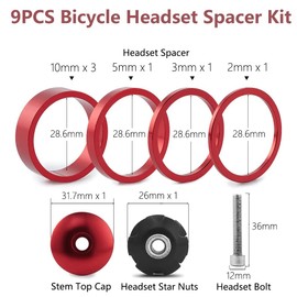 Saipor 9PCS Bicycle Headset Spacer Kit with Stem Top Cap, Long Bolt, Headset Star Nut 1-1/8 inch 28.6mm Aluminium Alloy Bicycle Front Fork Stem Spacers 2mm, 3mm, 5mm, 10mm for MTB BMX Road Bike (Red)