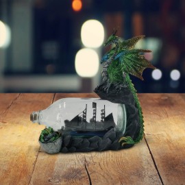 8.75"W Green Dragon Guarding a Ship in Bottle Figurine