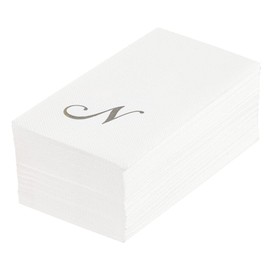 Luxenap 15.8 X 7.9 Inch Linen-Feel Guest Towels, 50 Lettered Hand Towels - Silver Letter 'N', Cursive Font, White Paper Dinner Napkins, airlaid, For Restrooms And Tables - Restaurantware