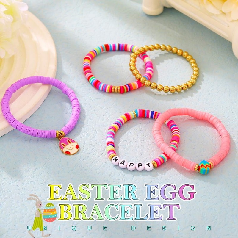 JEWEKY Easter Stackable Bracelets Set Gold Beaded Clay Bunny Stretch
