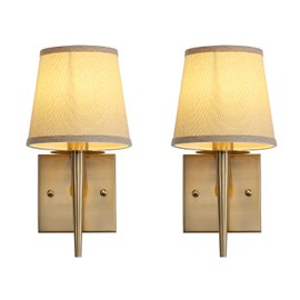 EFINEHOME Set of 2 Mid-Century Modern Wall Sconce with Fabric Shade| 1-Light Antique Gold Indoor Wall Lamp Fixture| Hallway Bathroom Vanity Light Sconces Mirror Cabinet Stairway Wall Lights (Linen)