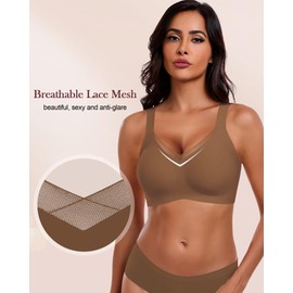 HORISUN Women's Mesh Bras Plunge Supportive Comfortable Seamless Bras for Women Bralettes Wire Free Bras with Support and Lift (Coffee Small)