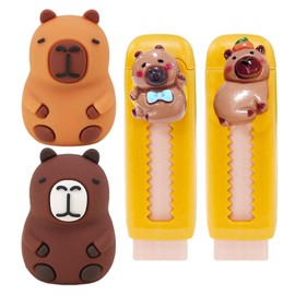 2 Capybara Pencil Sharpener, 2 Push and Pull Eraser, Cute Cartoon Animals, Fun Stationery Set, School Office Supplies.