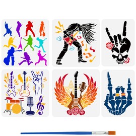 FINGERINSPIRE 6 Pcs Rock Music Painting Stencil with Brush 2 Size Music Notes Instruments Musicians Drawing Template Musical Gestures Guitar Skeleton Hand Stencil for Painting on Wood Wall Furniture