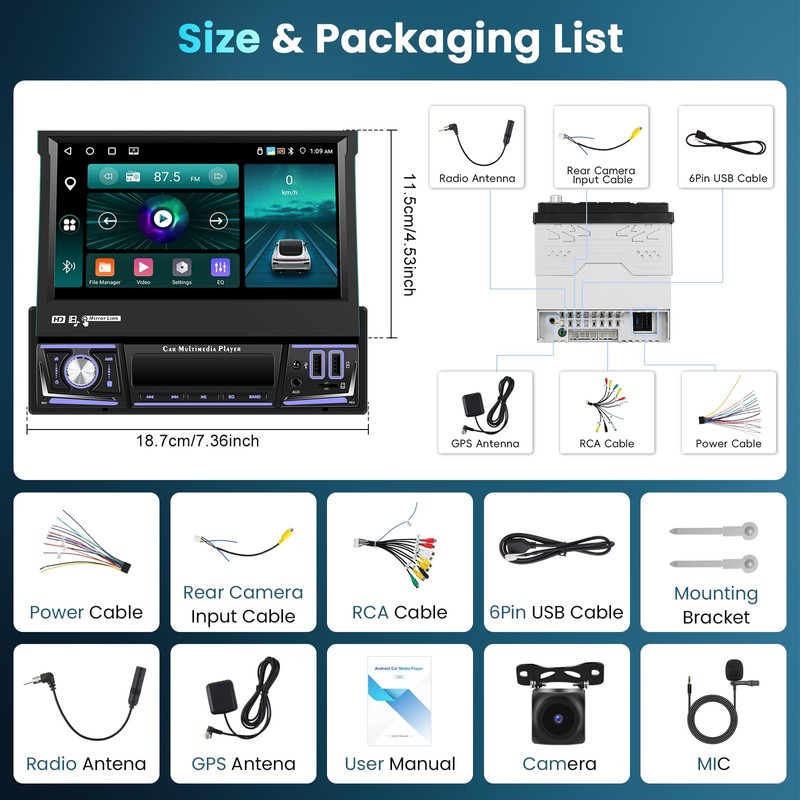 4G+64G Android Car Stereo Single Din with Foldable Touchscreen Wireless
