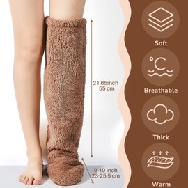 Vicenpal Over Knee Fuzzy Socks Thigh High Stockings Long Soft Leg Warmers for Women Cozy Home Sleeping, 1 Pair (Brown)