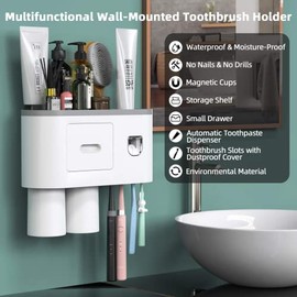 Soporte para Cepillo de Dientes, Portacepillos Pared con Dispensador Pasta Dental y 2 Tazas, Porta Cepillo de Dientes para 5 Cepillo Dientes, Organizador de Cepillos Dentales para Baño sin Perforación