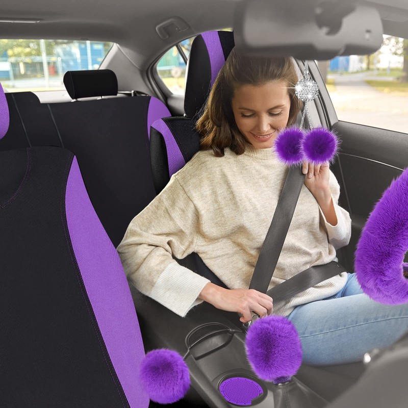 Tallew 17 Pcs Purple Fluffy Car Seat Cover Full Set