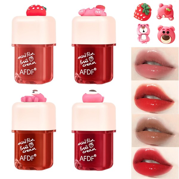 4 Colours Lip Stain Tint Set, Shiny Long Lasting Moisturising Lip Stain, Natural Plump Lip Gloss Lip Tone Stain, High Pigment, Long-Lasting, Waterproof, Non-Sticky