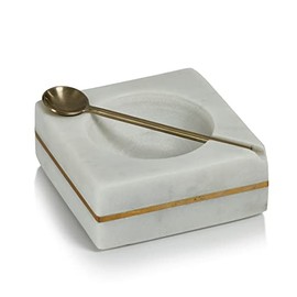 Zodax | White Marble and Brass | Square Salt and Pepper Cellar with Gold Spoon