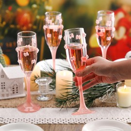 Funnymoom 4 Pcs Coquette Bow Champagne Flute Glasses Set, Pink Bow Flute Glasses for Champagne Sparkling Wine, Pink Long Stem Girly Glassware Gift for Bachelorette Bridal Shower Wedding Birthday Party