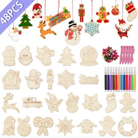 OurWarm 24 Styles Christmas Crafts for Kids Adults, 48PCS DIY Wooden Christmas Ornaments Unfinished Wood Slices with Holes Ropes Colored Markers to Paint, Craft Making for Christmas Tree Decorations