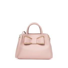 Betsey Johnson XO MONA Textured Blush Faux Leather W/Gold Toned Chain Trimmed Bow Fashion Detail Triple Entry Satchel Shoulder Bag Handbag