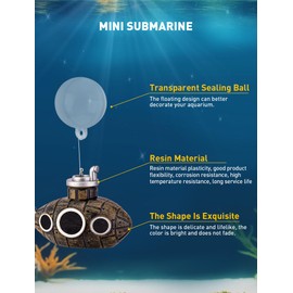 SARDVISA 2.1 in Mini Floating Submarine Fish Tank Decoration, Safe Resin Aquarium Decoration for Betta Toys, Cichlid, Goldfish, Shrimps and Hermit Crabs, Cute Retro Underwater Fish Tank Accessories