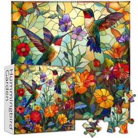 Stained Glass Puzzles for Adults 1000 Pieces, PICKFORU Colorful Flower Hummingbird Jigsaw Puzzles, Mosaic Bird Puzzles as Home Decor