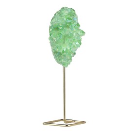 SUNYIK Irregular Titanium Coated Rock Quartz Crystal Cluster Geode Specimen on Metal Stand for Office Home Decoration, Green/Golden