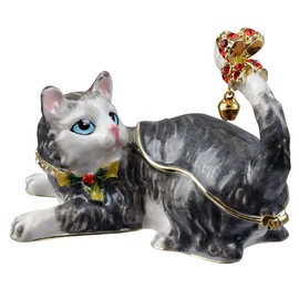 FJ FENGZHIJIE Golden Crystal Hinged Cat Trinket Box | Enameled Figurine for Animal Lovers | Unique Home Décor & Memorable Cat Lover Gift