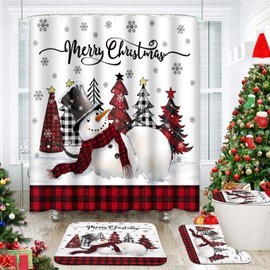 Bathroom Sets with Shower Curtain and Rugs, 4 Pcs, Snowman Plaid
