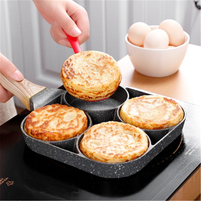4‑Hole Egg Frying Pot Pancake Pan with Wood Handle for