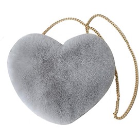 Women Cute Plush Crossbody Bag Cute Heart Shaped Cellphone Fluffy Shoulder Bag for girls (grey)