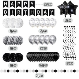 Recosis Black White Birthday Decorations, Happy Birthday Decorations with Banner for Boys Girls Men Women Birthday Party Decorations Supplies