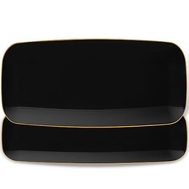 Blue Sky Organic Rectangle Black with Gold Rim Tray - 10.6" | 2CT Reusable & Disposable Stylish Plastic Serveware