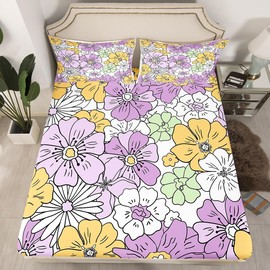 Groovy Flower Bed Sheet Set Retro Floral Boho Fitted Sheet for Boys Girls Teens Room Decor 70S Hippie Flowers Bohemian Bedding Set Queen Size Purple Yellow Green Bed Cover 3Pcs