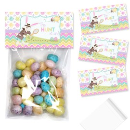 Amanda Creation The Hunt Is On Bunny Detective Easter Egg Hunt Themed Bag Toppers for Party Favor Treat Bags, Set of 20 Bag Toppers With 20 Self-Adhesive Bags Also Included