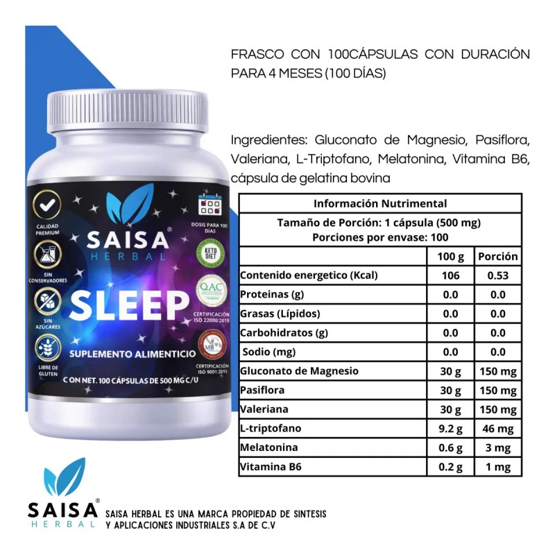 Suplemento Dormir 100 Cápsulas Sleep Saisa Herbal Melatonina Triptófano Valeriana
