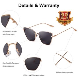 VIA LEECA Fashion Cat Eye Sunglasses Women Men, Trendy Metal Frame Oversized Grey Cateye Sun Glasses for Party Beach Shopping Driving Gift