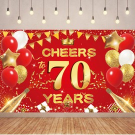 Red Gold Cheers 70 Years Backdrop Banner Happy 70th Birthday Background Decorations for Women Men Her Him Anniversary Photography Party Supplies.