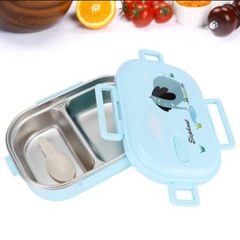 Lunch Box, 720ml 2 Compartments Thermal Insulated Hot Food Lunch Containers with Spoon, Portable 304 Stainless Steel Adult Kids Bento Lunch Box, Cold and Hot Food Storage for Office School (Blue)