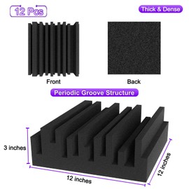 TroyStudio Thick Acoustic Foam Panels, 12 X 12 X 3 Inch 12 Pcs Broadband Sound Absorbing Foam, Dense Soundproof Padding Tile, Recording Studio Foam Absorber, Groove Decorative 3D Wall Ceiling Panel