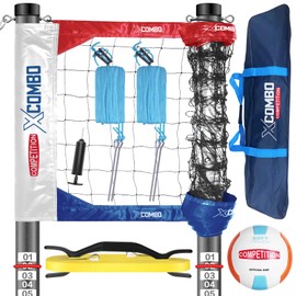 JOLORLY Professional Volleyball Net Set Heavy Duty for Outdoor Backyard Portable with Aluminum Adjustable Height Scoring Poles, Regulation Nets System for Tournament, Grass (Red and Blue)