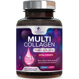 Multi Collagen Supplement 2400 mg - Types I, II, III, V & X Multi Collagen Peptides Pills for Women & Men, Hydrolyzed Collagen Supplements, Hair, Skin, Nail, & Joint Support Supplement - 240 Capsules