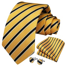 HISDERN Yellow Ties for Men Silk Striped Tie and Pocket Square Cufflinks Set Classic Formal Necktie Business Wedding Party