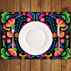 Nepnuser Mexican Floral Placemats Set of 4 Day of The Dead Decoration Fiesta Party Place Mats for Home Kitchen Dining Table Decor (12" x 18", Black)