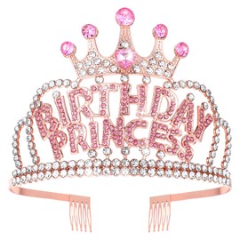 Birthday Crown for Women, Rose Gold Birthday Princess Crown with Combs Birthday Girls Rhinestone Tiara Headband Happy Birthday Party Favors Decorations Happy Birthday Accessories Pink