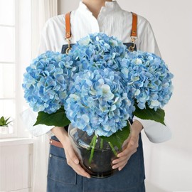 JINWOE Blue Flowers Hydrangea Artificial Flowers, 4Pcs 22" Large Lifelike Silk Artificial Hydrangeas, Full Fake Flowers for Bouquet Table Centerpieces Outdoor Wedding Indoor Home