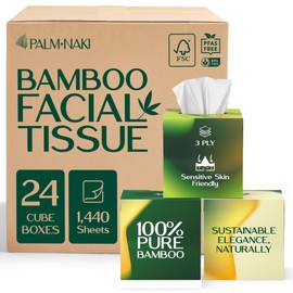 Bulk Case: Bamboo Facial Tissue | 3-Ply Strong | Lint-Free, Fragrance-Free | Gentle for Sensitive Skin | BPA & PFAS-Free, FSC Certified | 24 Cube Boxes | PALM NAKI